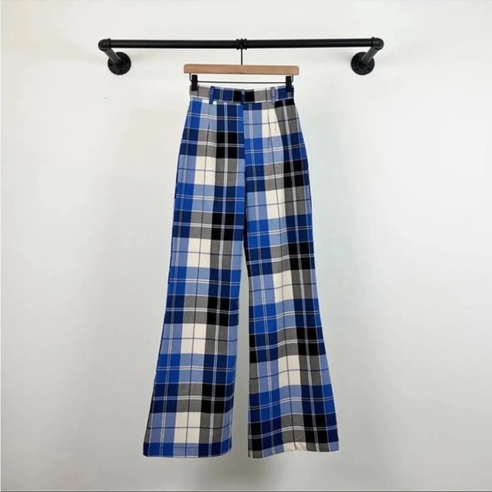 NEW Free People Jules Plaid High Waist Wide Leg Black Blue Pants Sz 4